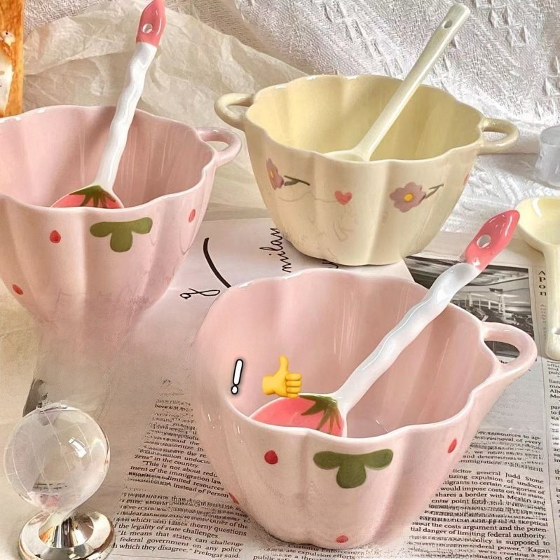 ชามซุปหูคู่ครัวเรือน เคลือบด้านล่าง สีชามเซรามิกสาวน่ารักหอพักชามบะหมี่กึ่งสําเร็จรูปที่มีมูลค่าสูงบนโต๊ะอาหารฝรั่งเศส - รูปที่ 2