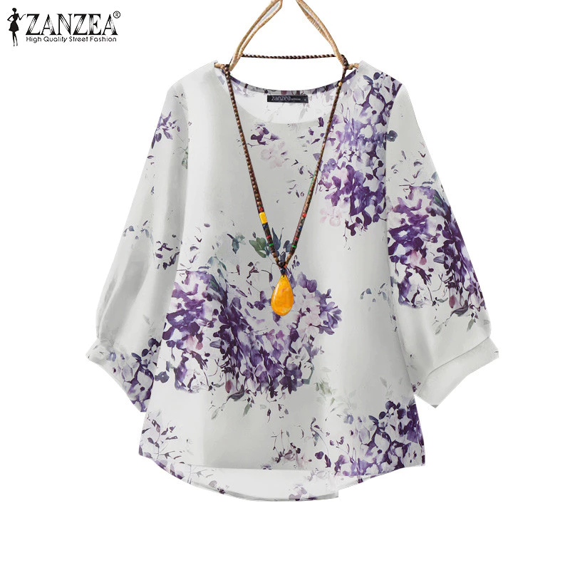 Zanzea เสื้อเบลาส์พิมพ์ลายแขน 3/4 สําหรับผู้หญิงย้อนยุค