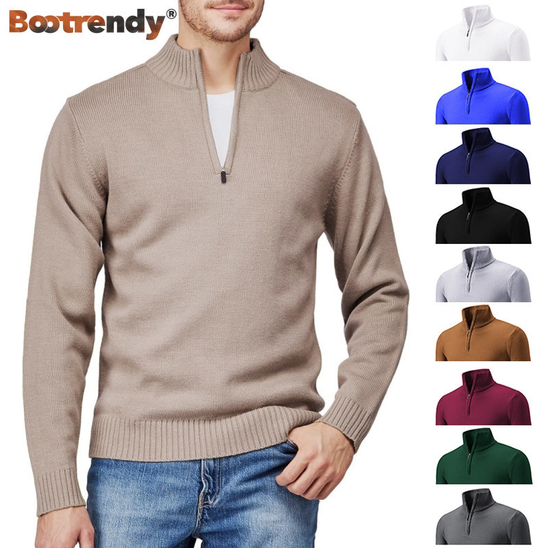 Bootrendy Mens Casual Slim Fit เสื้อกันหนาว Plus ขนาดแขนยาว Zip Up Mock คอฤดูหนาวถักเสื้อกันหนาวโปโล