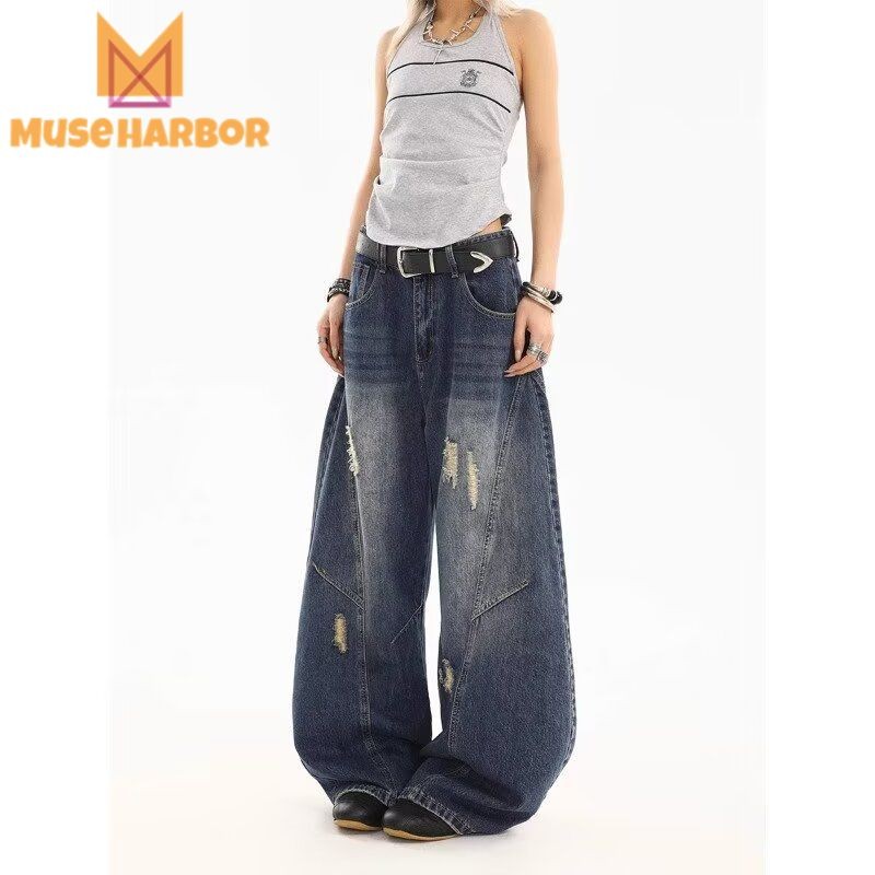 Muse Harbor กางเกงยีนส์ผู้ชาย American Retro Street Washed Distressed Loose Wide-Leg Pants