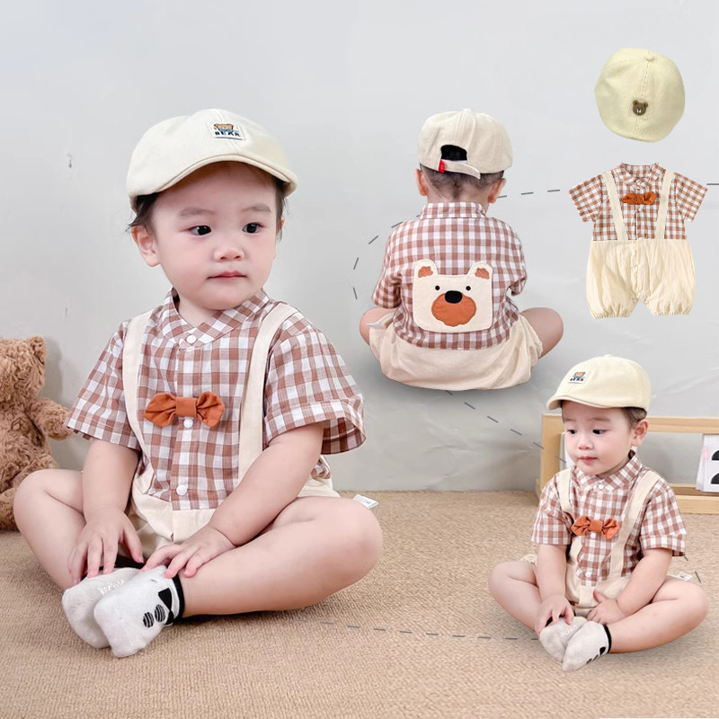 ฤดูร้อนใหม่เสื้อผ้าเด็กแขนสั้นสุภาพบุรุษบอดี้สูท0-28เดือนผูกโบว์ลายสก๊อตประกบชุดคลานสไตล์อังกฤษวันเกิดบัพติศ