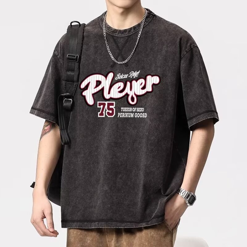 Eershenshi เสื้อเชิ้ตแขนสั้นผู้ชาย American Retro อเนกประสงค์ลําลองหลวมพิมพ์ลาย