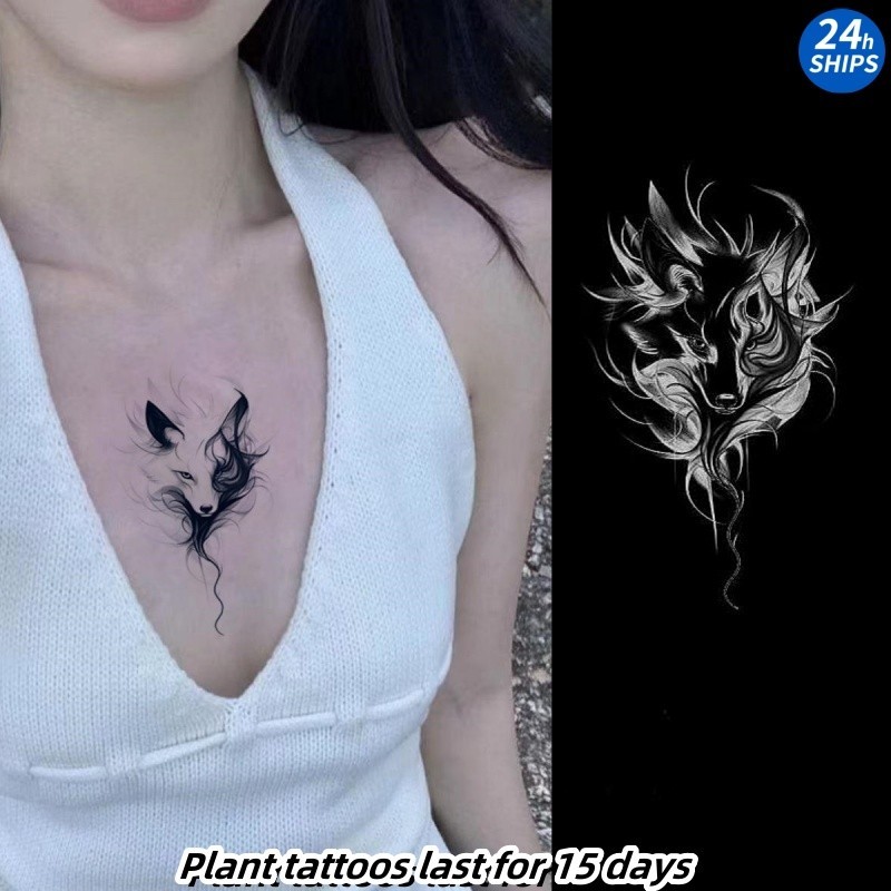 สติกเกอร์รอยสักชั่วคราว ลายสุนัขจิ้งจอกน่ารัก กันน้ํา สีดํา สําหรับสักชั่วคราว 15 วัน