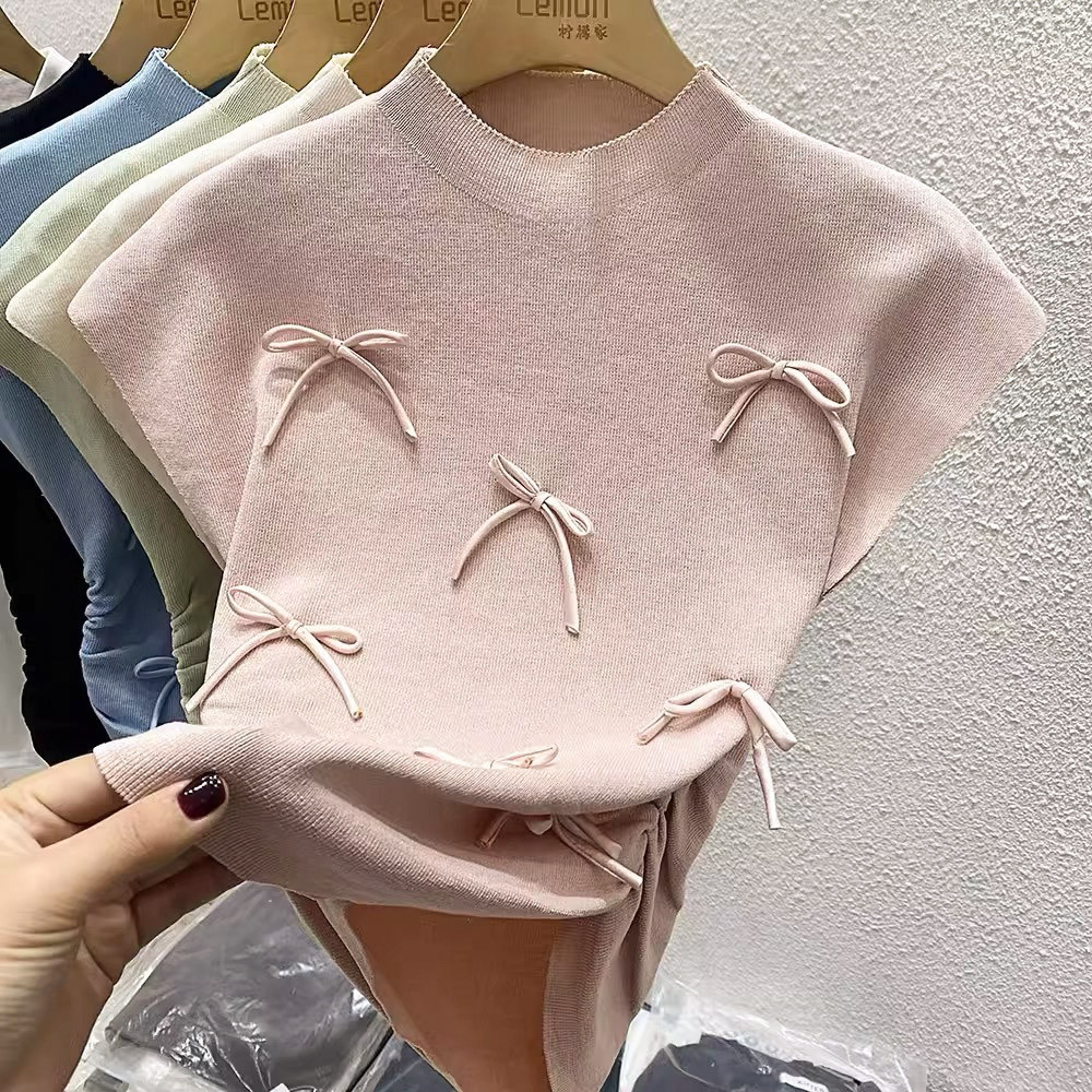 C&m เสื้อยืดคอสูง ผ้าถัก จับจีบ ทรงสลิมฟิต ประดับโบว์ สไตล์ฝรั่งเศส สําหรับผู้หญิง