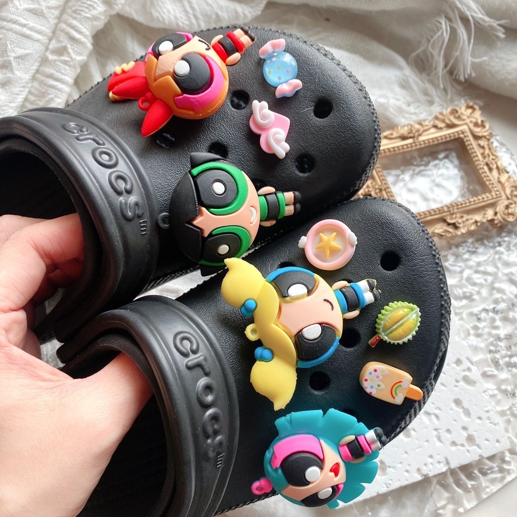 3D การ์ตูน Powerpuff สาว Jibits ออกแบบชุดดอกไม้ Bowknot jibits Charm อะนิเมะออกแบบ Jibbits ชุดสําหรับผู้หญิงรองเท้าอุปกรณ์เสริม Charms Pin ตกแต่ง
