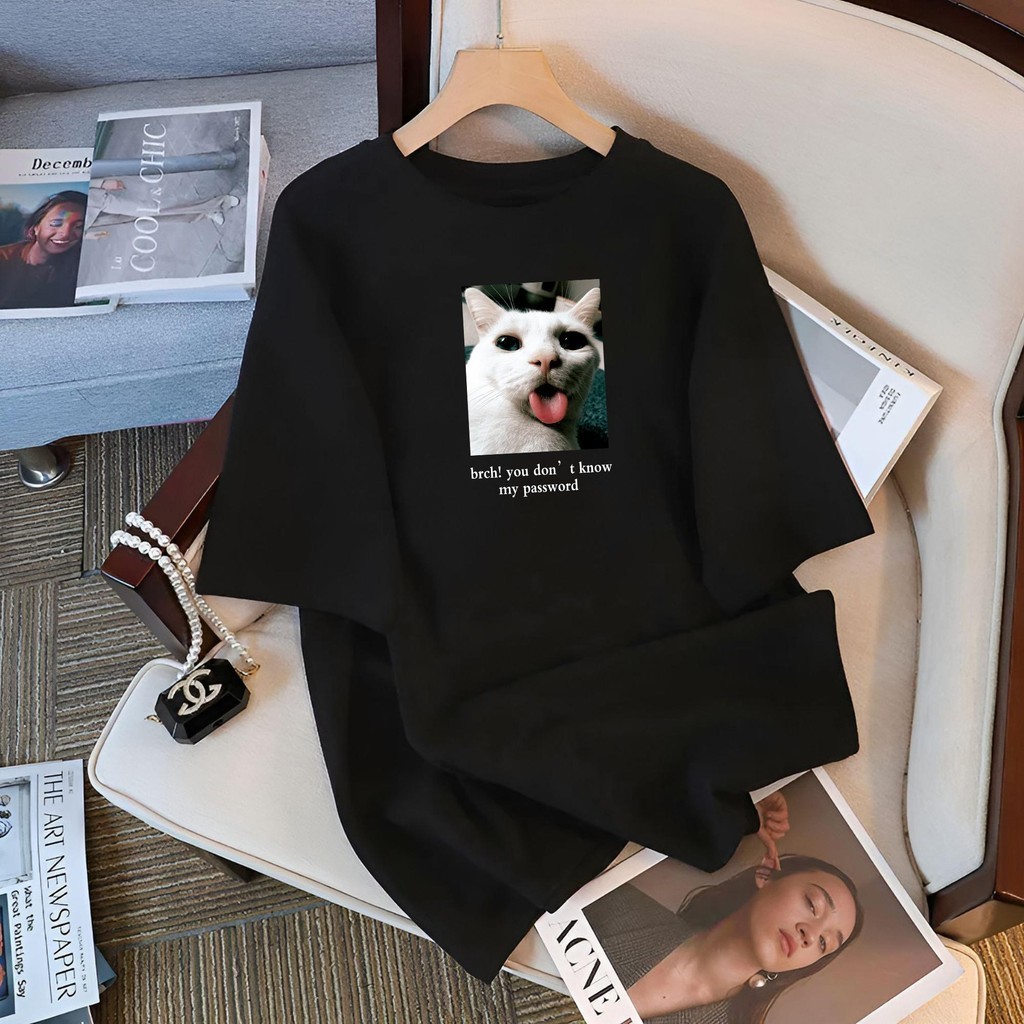 Basiพร้อมส่ง! เสื้อยืดOversize ผ้าฝ้าย  ลายแมวใหม่"BRCH" เนื้อผ้าเกรดพรีเมียม สกรีนคมชัดสวยๆน่ารัก เสื้อยืดผู้หญิงผู้ชาย