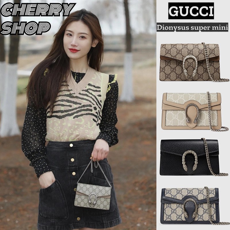 แบรนด์ใหม่และเป็นของแท้/Hot กุชชี่ Gucci GG  Dionysus Super Mini Bagผู้หญิง/กระเป๋าถือ/ซุปเปอร์มินิ/กระเป๋าโซ่
