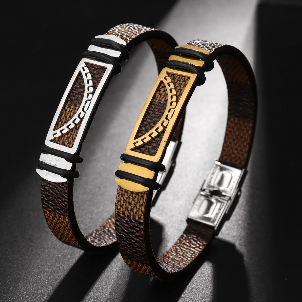 Retro แฟชั่นผู้ชายสแตนเลสซิลิโคน Rune สร้อยข้อมือหนังสีน้ําตาลเครื่องประดับอุปกรณ์เสริม