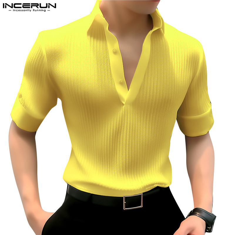 Incerun เสื้อเชิ้ตลําลอง คอวี แขนสั้น สีพื้น แฟชั่นเกาหลี สําหรับผู้ชาย