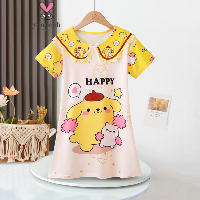 【YAOEENH】พร้อมส่ง ชุดนอนแขนสั้น คอตุ๊กตา แต่งโบว์ ขนาดเล็ก 105-150 ซม. แฟชั่นฤดูร้อน สําหรับเด็กผู้หญิง