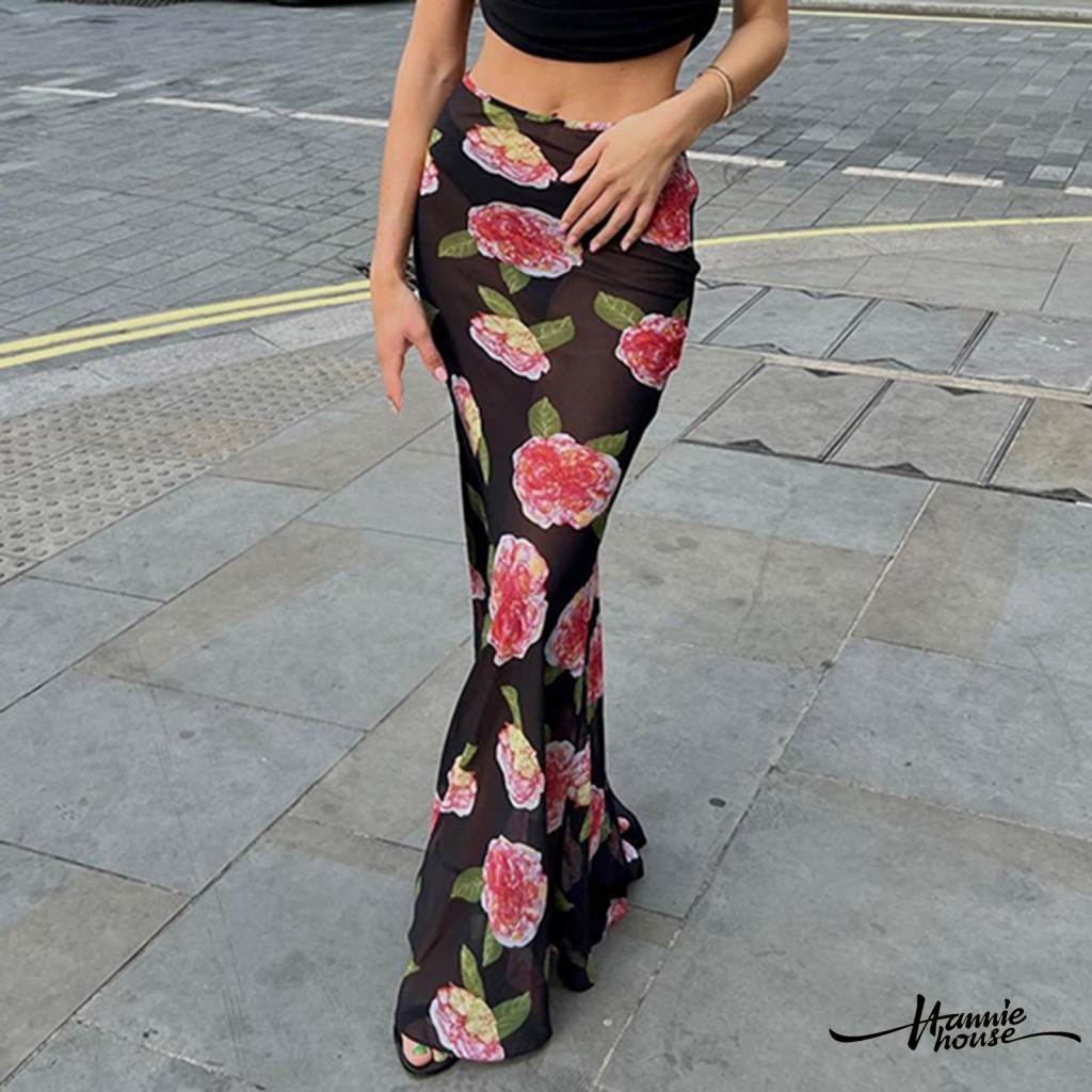 Hannie House- กระโปรงหางปลายาวลายดอกไม ้ ของผู ้ หญิง