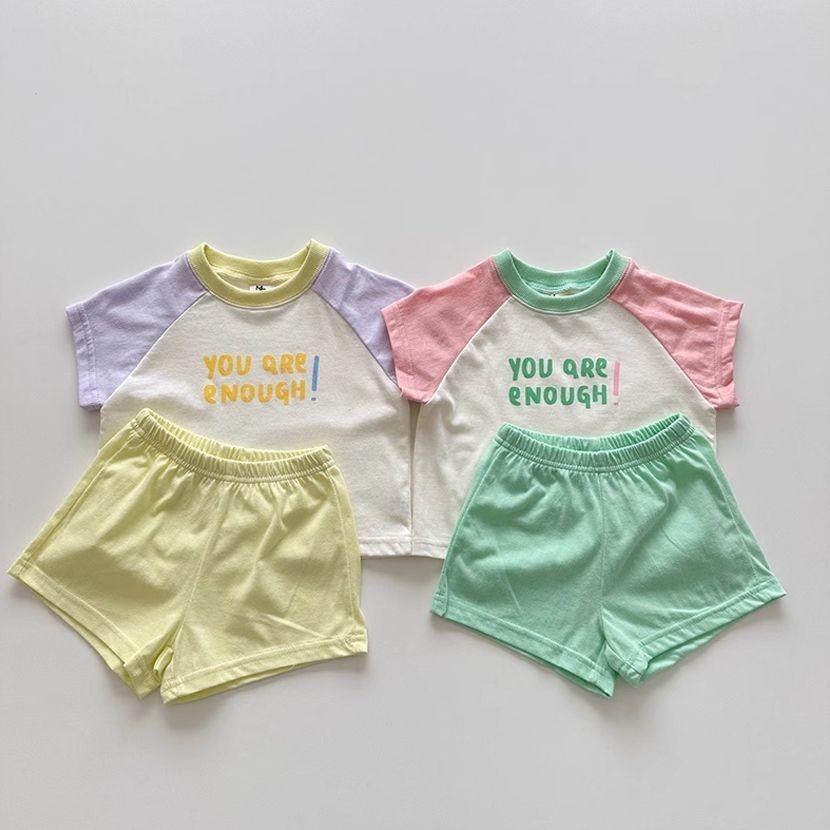 ผ ้ าฝ ้ าย 100 % ชุดเด ็ กฤดูร ้ อนใหม ่ Little Fresh Baby Girl แขนสั ้ น + กางเกงขาสั ้ น Contrast Casual ชุดสองชิ ้ น