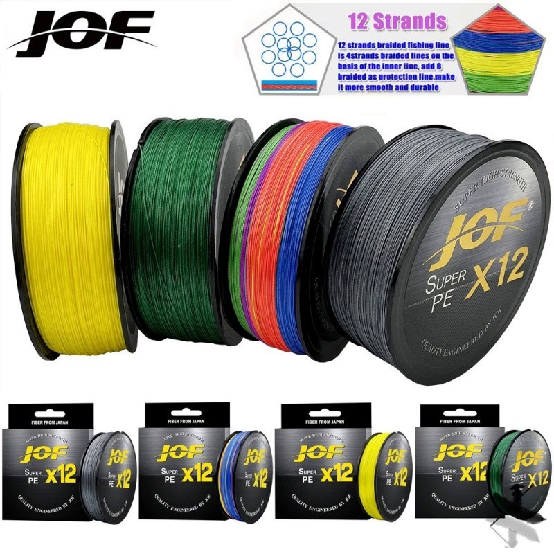 Jof เชือกตกปลา X12 Smooth 100m–500m 12 strand ญี่ปุ่น Multifilament PE ถัก 25lb–92lb อุปกรณ์รอกตกปลา