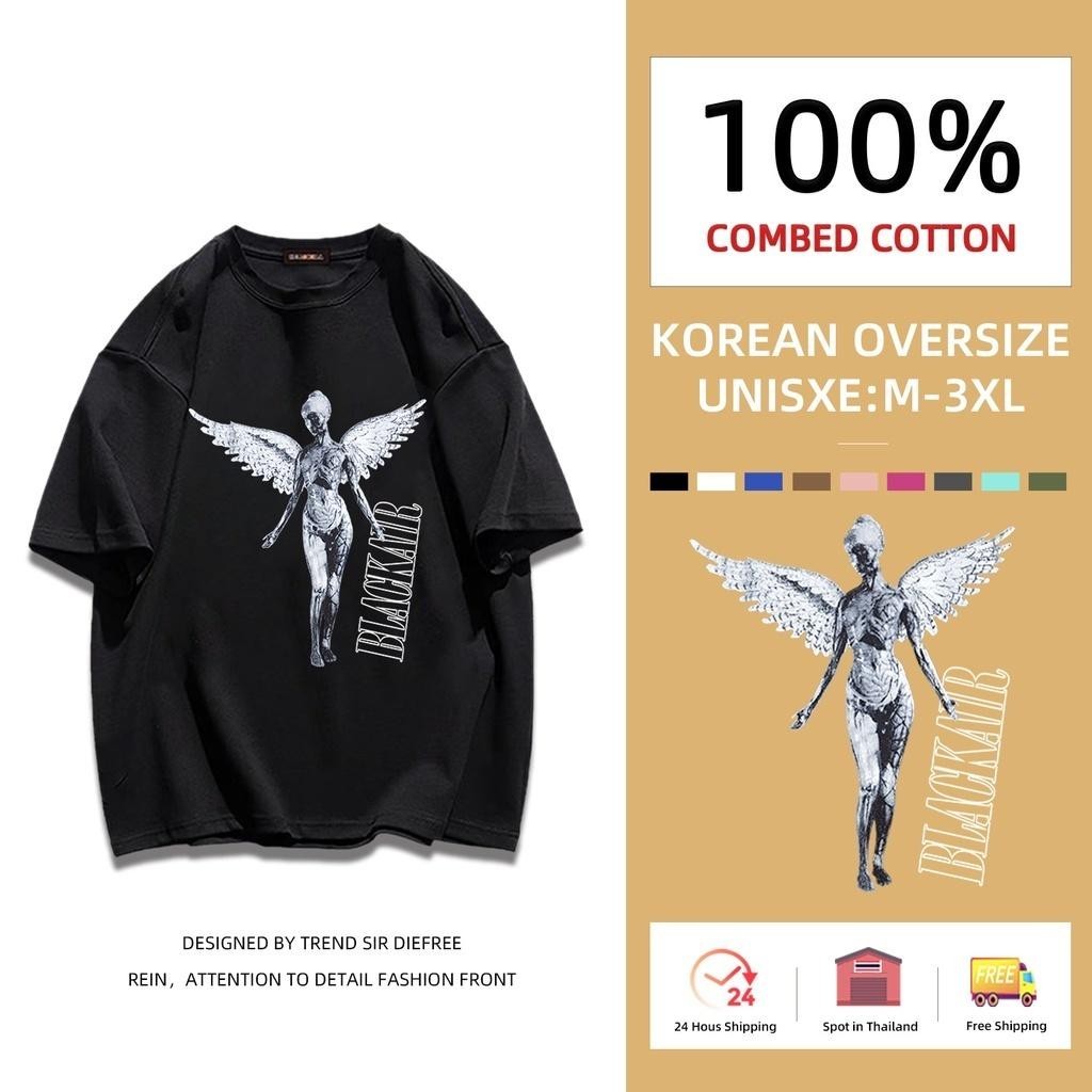 เกาหลี เสื้อแบบดารา เสื้อยืดแขนสั้น CMDXY0694 ผู้ชาย ผู้หญิง ลายทาง ตัวอักษร หลวม ลายสกรีน ฤดูร้อน ฤดูใบไม้ผลิ