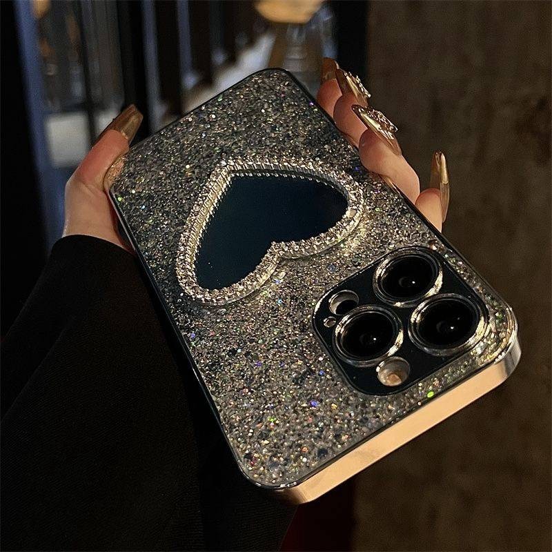 Makp up Diamond Love Mirror Silvery Sparkly Bling Soft สําหรับ iP iPhone 15 14 13 12 11 Pro Max 15plus 15prm 12prm 11prm promax สาวผู ้ หญิง Electroplated Apple แฟชั ่ นหรูหรา