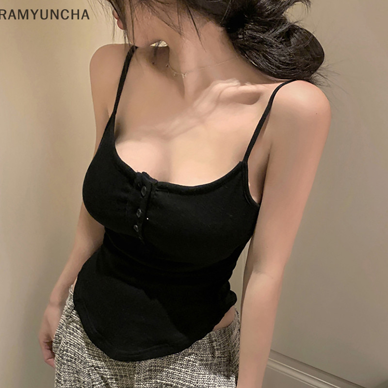 Ram ฤดูร ้ อนสีทึบปุ ่ มไม ่ สม ่ ําเสมอ Camisole Hotsweet ผู ้ หญิงแขนกุด Slim Top OTC