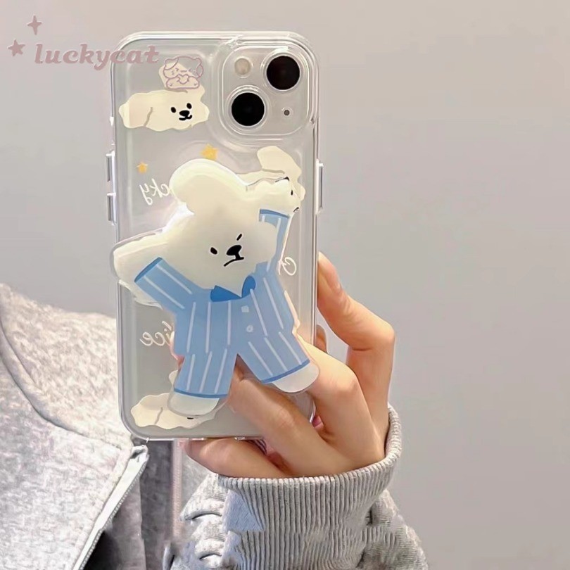 Iphone 15 14 13 12 11 Pro Max X XR XS Max 7 8 Plus SE2020 เคสโทรศัพท์น่ารัก Languor การ์ตูนหมีสีฟ้าขี้เกียจที่วางโทรศัพท์ Artifact Retractable Drama Bracket ปกอ่อน
