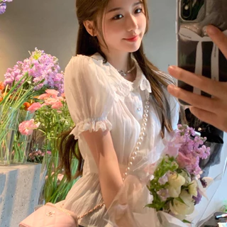 Bh ผู ้ หญิงหวานลูกไม ้ ตัดเสื ้ อสีขาวแขนสั ้ นคอโปโลสายรัดเอว