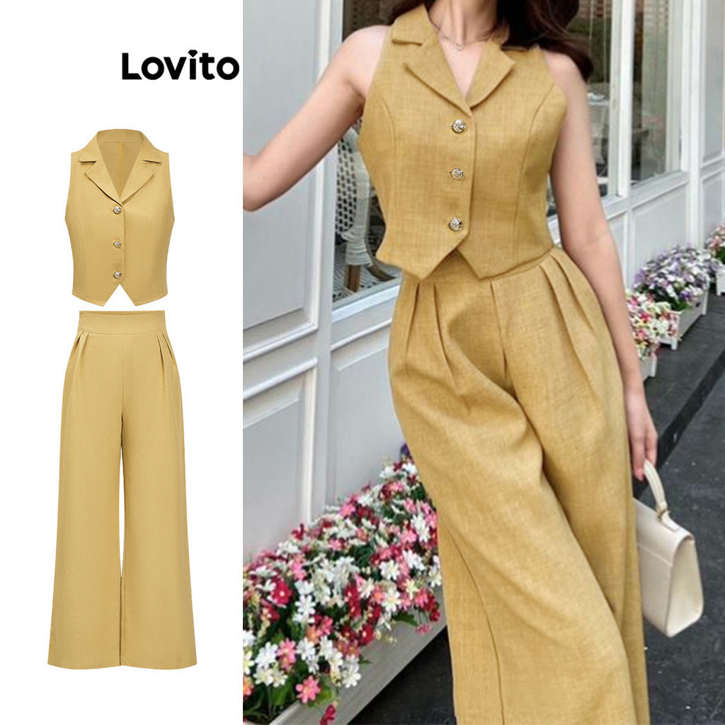 Lovito ชุดเซ็ทกางเกงขายาวผู้หญิง มีกระดุม สีพื้น สไตล์วินเทจ L86ED368