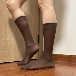 Nio Mens Nylon Sheer Suit Socks Business Dress Socks Elastic Wide Striped See Through Official Dress Over the Calf Stockin