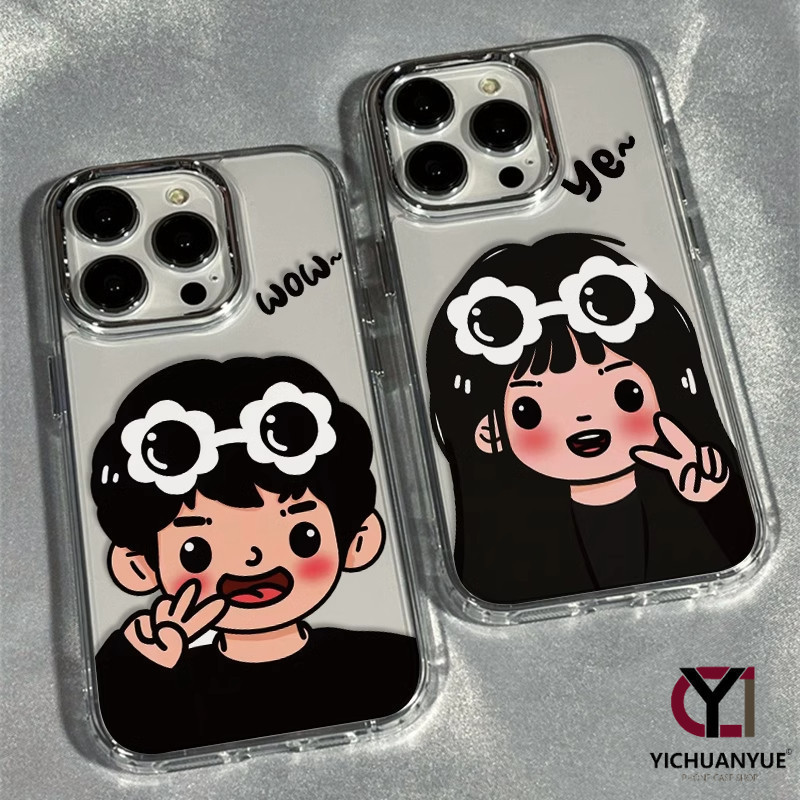 สำหรับ iPhone 13 12 14 11 15 Pro Max XR X Plus XS SE 7 เด็กหญิงและเด็กชายรูปแบบกรอบรูปโลหะกรณีโทรศัพท์เคสไอโฟนคู่น่ารัก