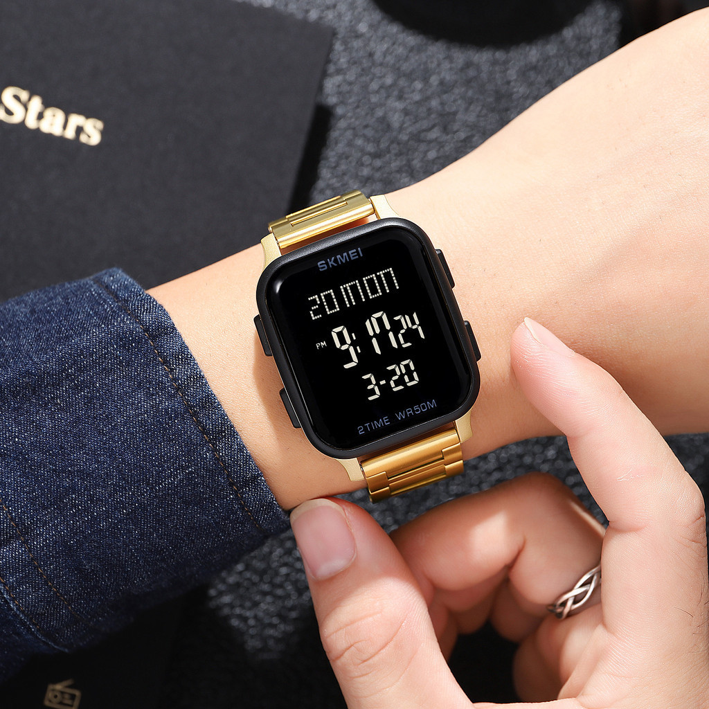 Skmei 1859 แฟชั ่ นผู ้ ชายนาฬิกากีฬาอิเล ็ กทรอนิกส ์ กันน ้ ําสแตนเลส Band Square นาฬิกานักเรียน 1858