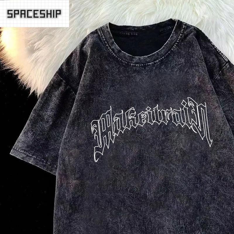 Spaceshipเสื้อยืดฟอก oversize ผ้าคอตตอน สไตล์ฮิปฮอป เรโทร ลายตัวหนังสือCOTTON100% สําหรับผู้ชาย และผู้หญิง#240012H