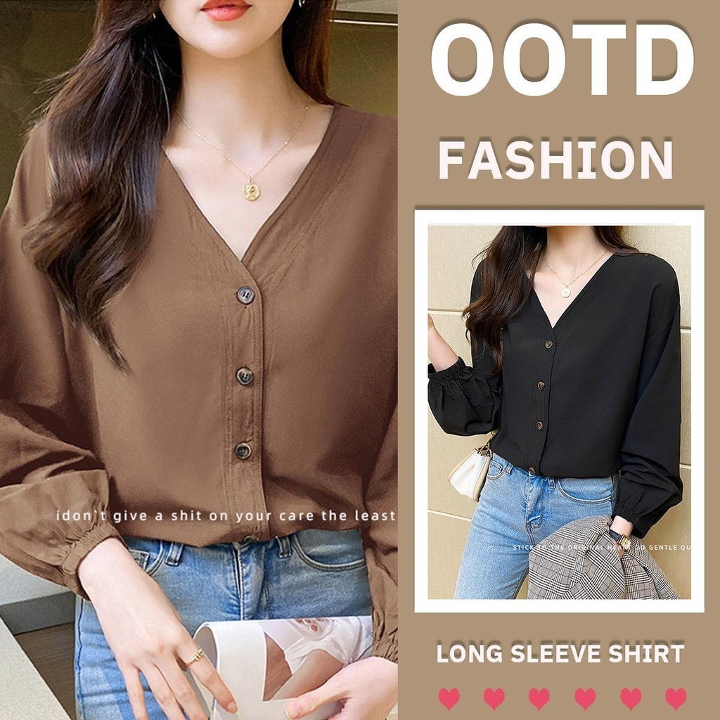 MIMI&DIDI#เสื้อเชิ้ตแขนยาว คอวี เสื้อเชิ้ตสีขาวแฟชั่นลำลองสไตล์ผู้หญิง แบบใหม่ ย้อนยุค สีธรรมดา#W394