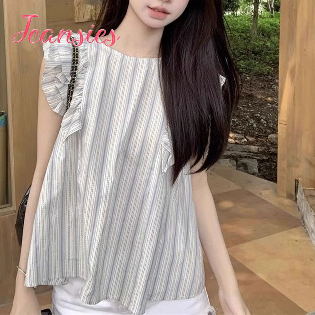 เสื้อแขนกุด แต่งระบาย ลางทาง น่ารัก พร้อมส่ง
