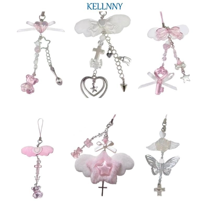 Kelln Chic Bowknot โซ ่ โทรศัพท ์ มือถือ Elegant Beaded Phone Charm พร ้ อม Angel Wing Heart