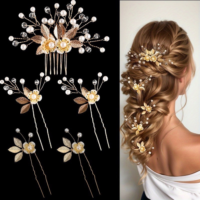 Deartiara 5PC Golden Leaf ดอกไม ้ Pearl ผมแยกหวียุโรปและอเมริกาเจ ้ าสาว Headwear Retro งานแต ่ งงานอุปกรณ ์ เสริมผมสําหรับผู ้ หญิง