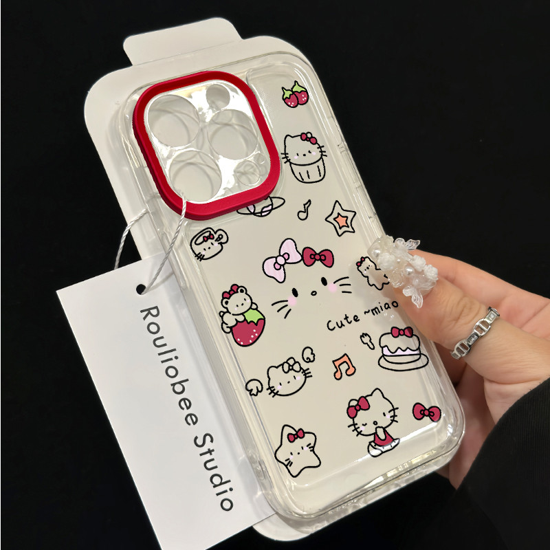 เค ้ ก Hello Kitty รูปแบบซิลิโคนใสเคสโทรศัพท ์ นุ ่ มเหมาะสําหรับ iPhone x/xs/xr/xsmax/7/8plus/11Promax/12/13/14Promax/15 เคสป ้ องกันแบบรวมทุกอย ่ างกันกระแทก FJ35