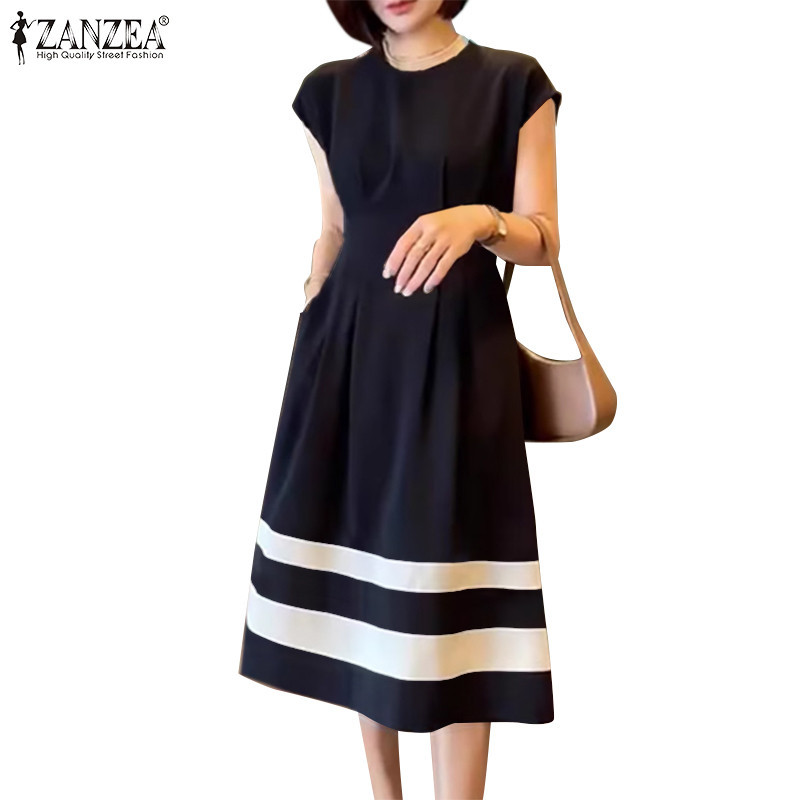 Zanzea ผู ้ หญิงแฟชั ่ นเกาหลีคอกลมแขนสั ้ นสีบล ็ อกชุด A-Line เอว