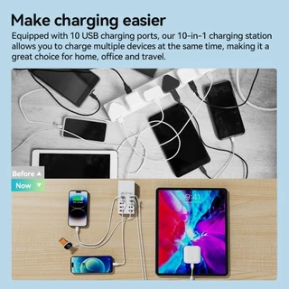 GOOJODOQ สถานีชาร์จ USB 10 พอร์ต 60W Power 1.5M สายเคเบิลปลอดภัยอเนกประสงค์บ้าน/สํานักงาน/การเดินทาง
