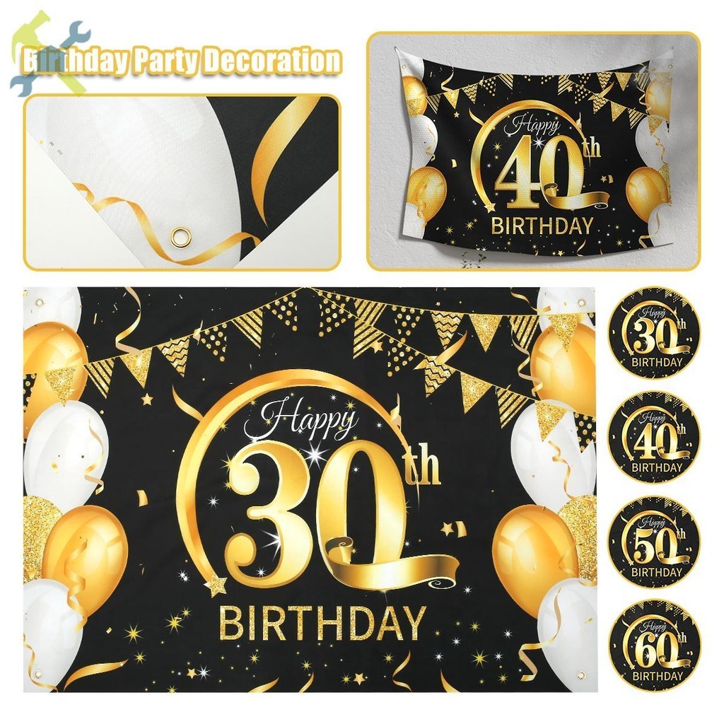 30th 40th 50th 60th ขนาดใหญ่ Happy Birthday แบนเนอร์สีดําทองวันเกิดพื้นหลังตกแต่ง 80 x 120 ซม.แบนเนอ