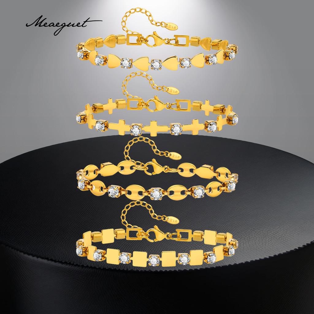 Meaeguet 18K Gold Plated Zircon สร้อยข้อมือผู้หญิงน่ารักหัวใจข้ามรอบสแควร์สร้อยข้อมือกันน้ํา