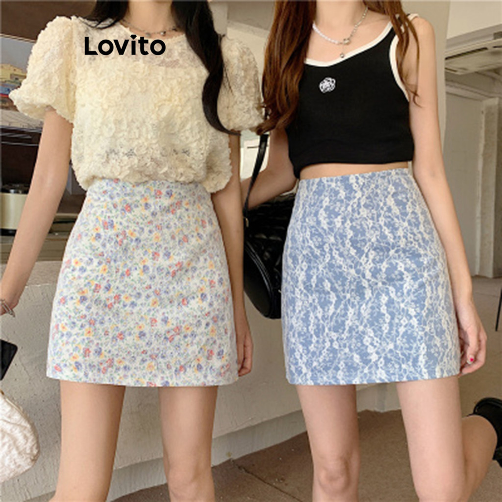 Lovito กระโปรงผู้หญิง แต่งลูกไม้ ลายดอกไม้ สไตล์ลำลอง LNE43351