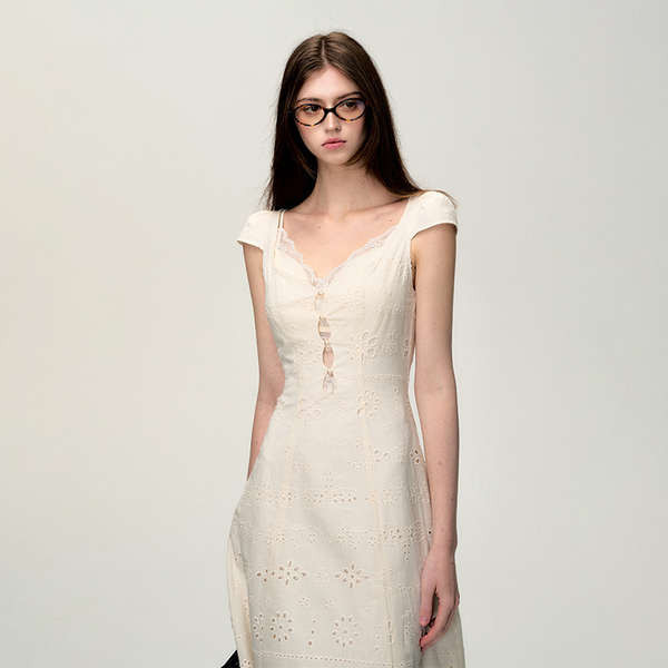 dress เดรสน่ารัก OAKMOO / "Throbbing Time" ครีมสีขาวเรียบง่ายลูกไม้บางชุดเย็บปะติดปะต่อกันผู้หญิงเนื้อฤดูร้อน