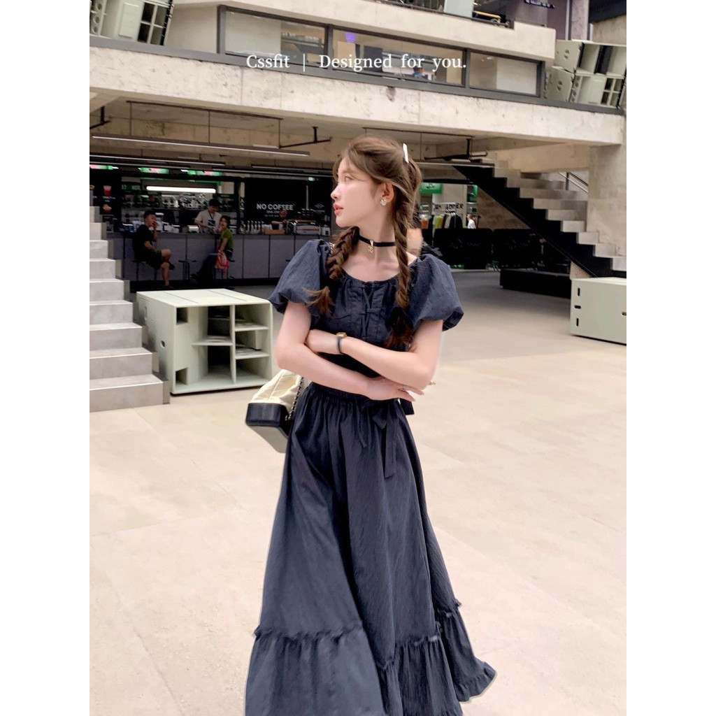 🔥【ขายแยก】เสื้อแขนพัฟ+กระโปรงยาว, เสื้อครอป หลวม สไตล์เกาหลี, S-2XL
