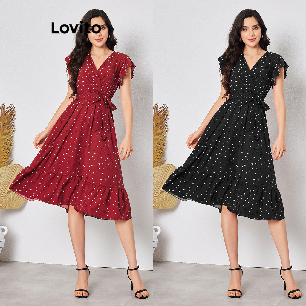 Lovito ชุดเดรสผู้หญิง ชายระบาย แบบผูกเอว ลายดอกไม้ สไตล์โบโฮ LBL08133(หลากสี)