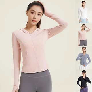 ✨NEW✨(YOGA-147) เสื้อคลุมออกกำลังกายผู้หญิงมีฮู้ด เสื้อกีฬาแจ็คเก็ตแขนยาวกันแดด มีซิป มีกระเป๋า
