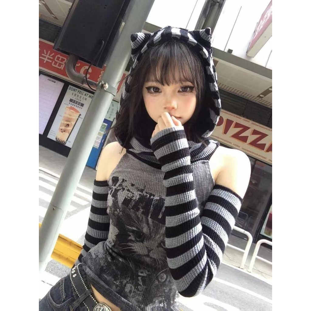 แขนยาว All-Match Stripes Contrast Color Hollow Hooded Cat Soft Girl สไตล์ญี่ปุ่น Pile Collar Top Rock Slim-fit เสื้อกันหนาว DWDU