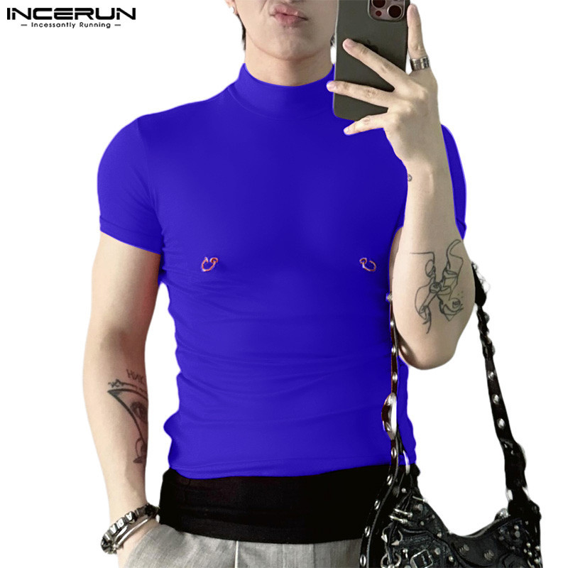 ไม่แน่นอน ผู้ชายเกาหลีลําลองครึ่งคอปกสีทึบเสื้อยืดแขนสั้น