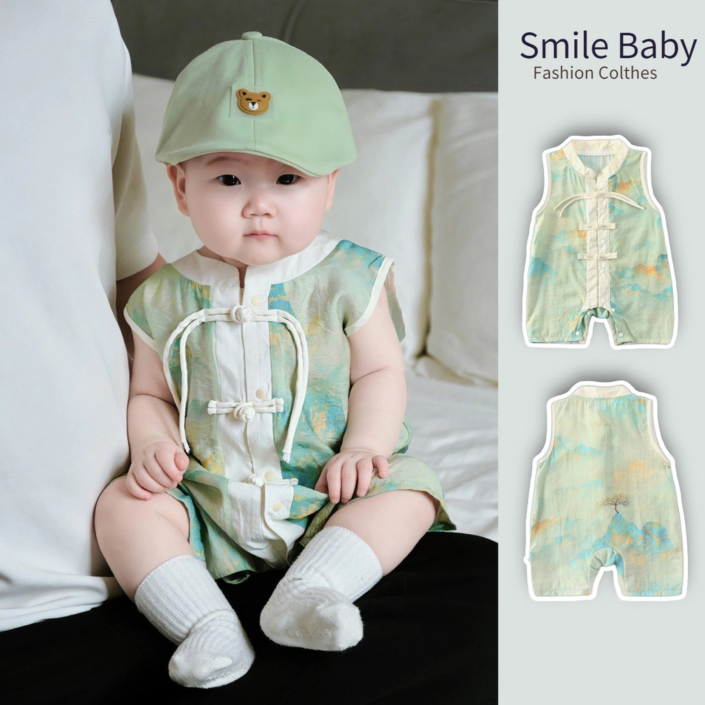 ฤดูร้อนใหม่เสื้อผ้าเด็กชายหญิงแขนกุด เจ ผู้ตัดสิน 0-24 เดือนทารกแรกเกิดบาง กลิ่นฉุน สไตล์บอดี้สูทแบบดั้งเดิมจีนเสื้อผ้าภูมิทัศน์ภาพวาด ชุดรอมเปอร์