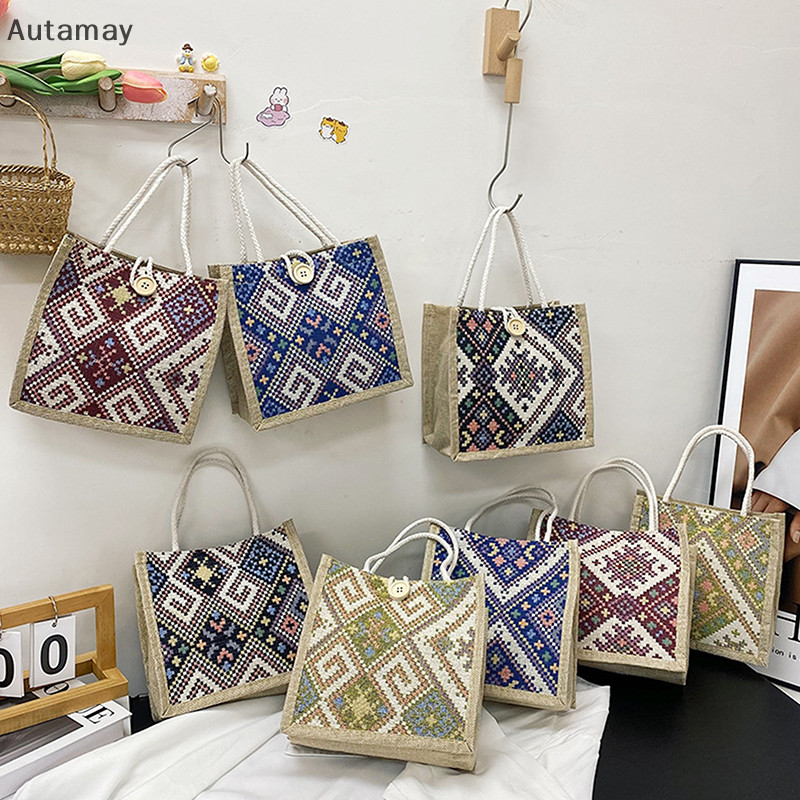 Autamay กระเป๋าผ้าใบสําหรับผู้หญิงกระเป๋าสะพาย Retro Casual Tote กระเป๋าถือสไตล์ชาติพันธุ์ขนาดใหญ่ความจุกระเป๋านักเรียนญี่ปุ่นใหม่