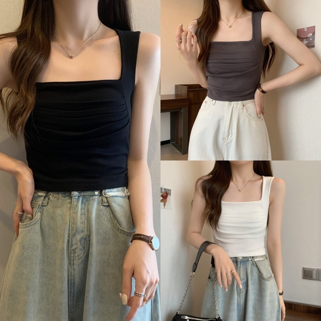Bella Shop เสื้อกล้ามคอเหลี่ยมฝรั่งเศสฤดูร้อนผู้หญิง