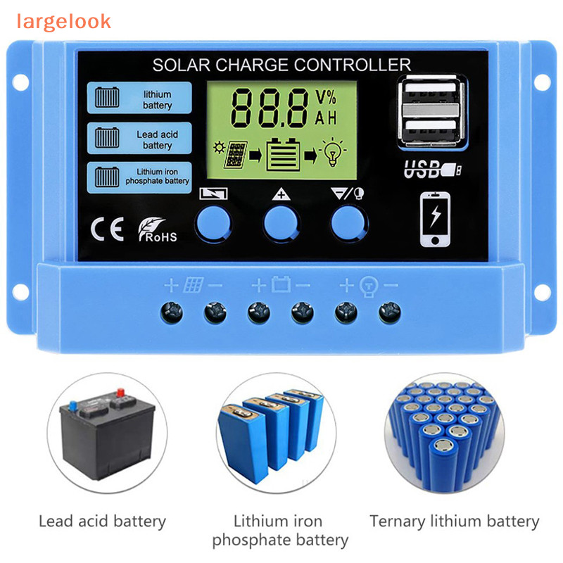 [largelook] 30a 20A 10A Solar Charge Controller 12V 24V Auto Solar Panel PV LCD Controller สําหรับตะกั่วกรด, ลิเธียม Dual USB