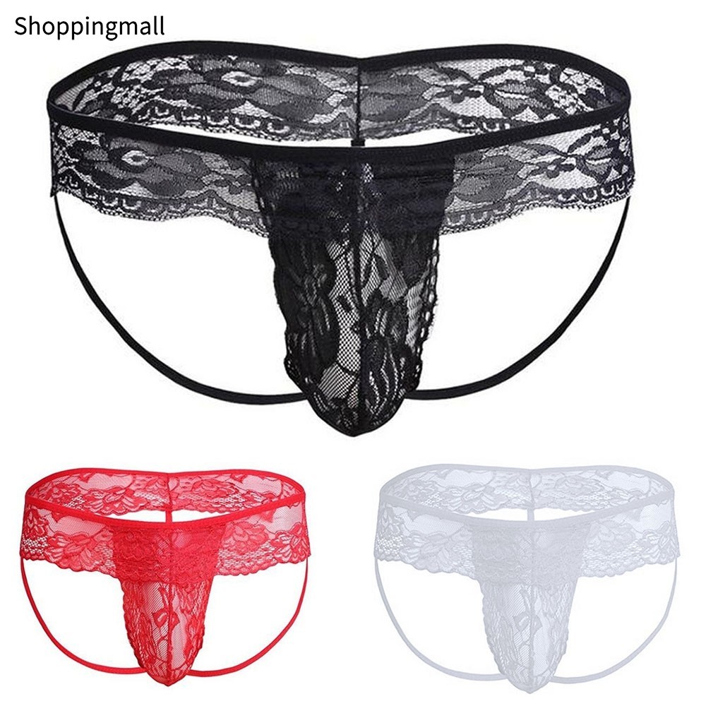 [สต็อก]Men Lace See Through Sissy Pouch Thong Briefs ชุดชั้นในกางเกงกางเกง