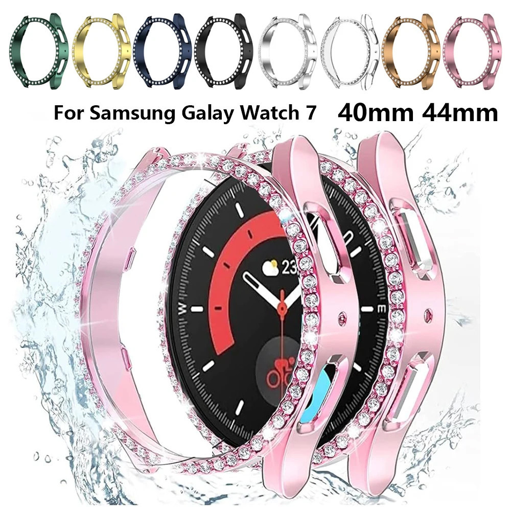 เคสป้องกันสําหรับ Samsung Galaxy Watch 7 FE 40 มม.44 มม.PC เดี่ยวแถวเพชร Encrusted เงาฝาครอบกันชนไม่มีกระจก