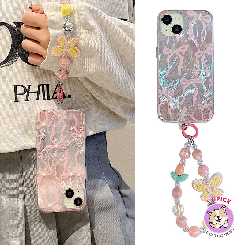 โบว์สีชมพูสําหรับ IPhone 15 Promax เคสโทรศัพท์ 12 13Mini 14 15Plus 11 Pro Max X XS XR XS Max 7 8 Plus SE2020 6 6Plus ฝาครอบโทรศัพท์พร้อมสร้อยข้อมือสาวใหม่ผู้หญิง